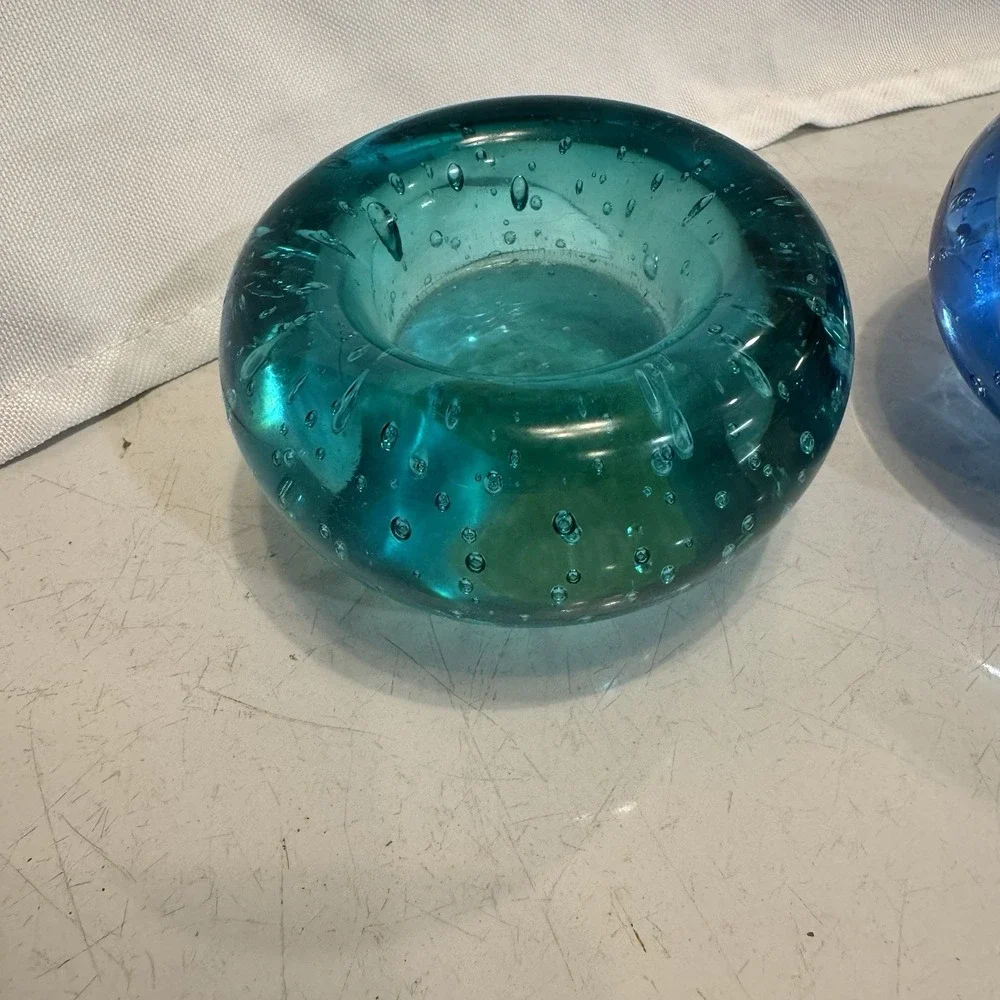 IKEA Bubble Glass‎ Votive Holders Teal Green & Blue Set Of 2